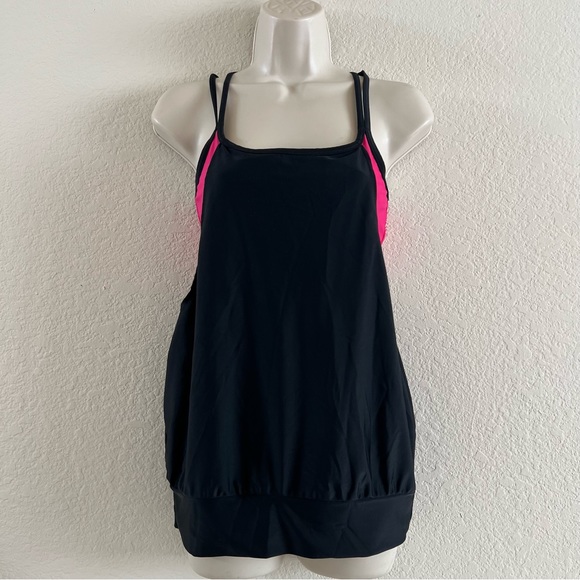 Sporti Women's Black/Pink Active Color Block Double Cross Tankini Swim Top Sz M - Picture 3 of 9